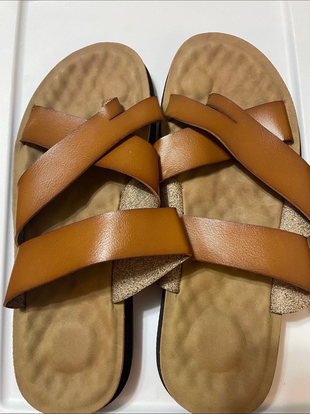Mens Tan/Brown Cross-Strap Slide Sandals Leather like Sz.43 USA 9.5/10 NEW